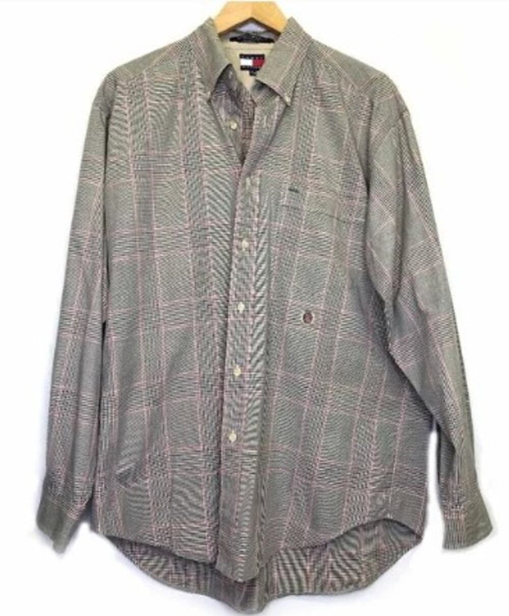 Tommy Hilfiger Mens Plaid Long Sleeve Button Down Shirt Size M Tan Crest Logo